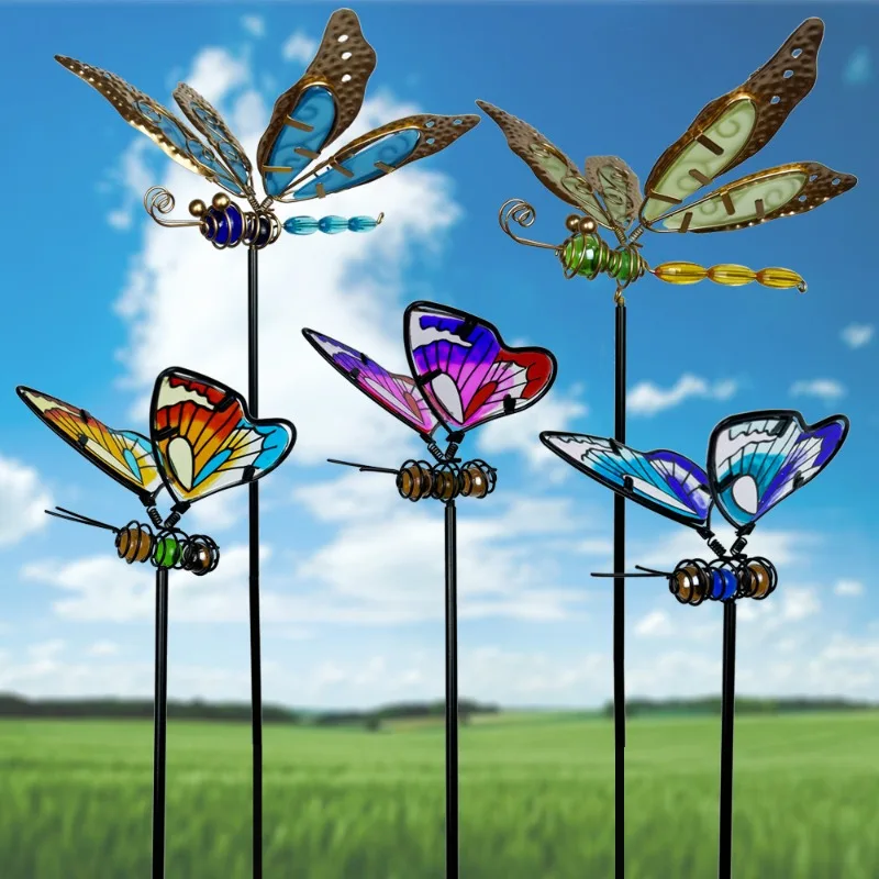 

Glow in The Dark Glass Butterfly & Metal Dragonfly Garden Decor Artistic Flower Pot Stakes Iron Art Handcrafts For Outdoor Yard