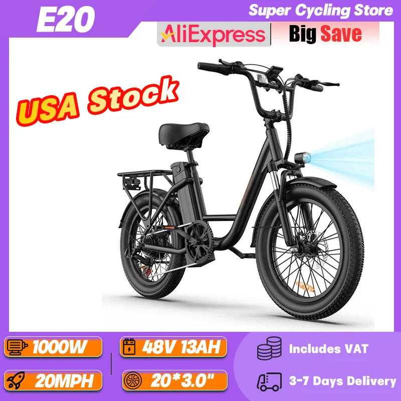 

URLIFE E20 Adult Urban Electric Bicycle 1000W Motor 48V 13Ah Battery Travel Commuting Ebike 20*3.0 Inch Fat Tire Electric Bike