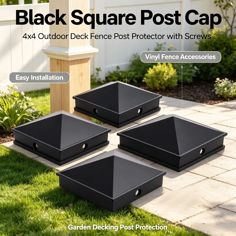 20 PCS Black Square Post Cap, 4x4 Outdoor Deck Fence Post Protector Cover With Mounting Screws Garden Vinyl Fencing Accessories