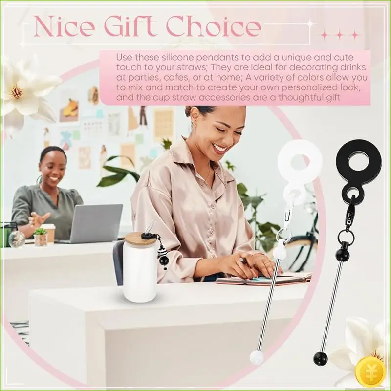 6 قطع من دلايات القش القابلة للخرز باللونين الأبيض والأسود، محولات سحرية من القش مطرزة يدويًا للأكواب المخصصة