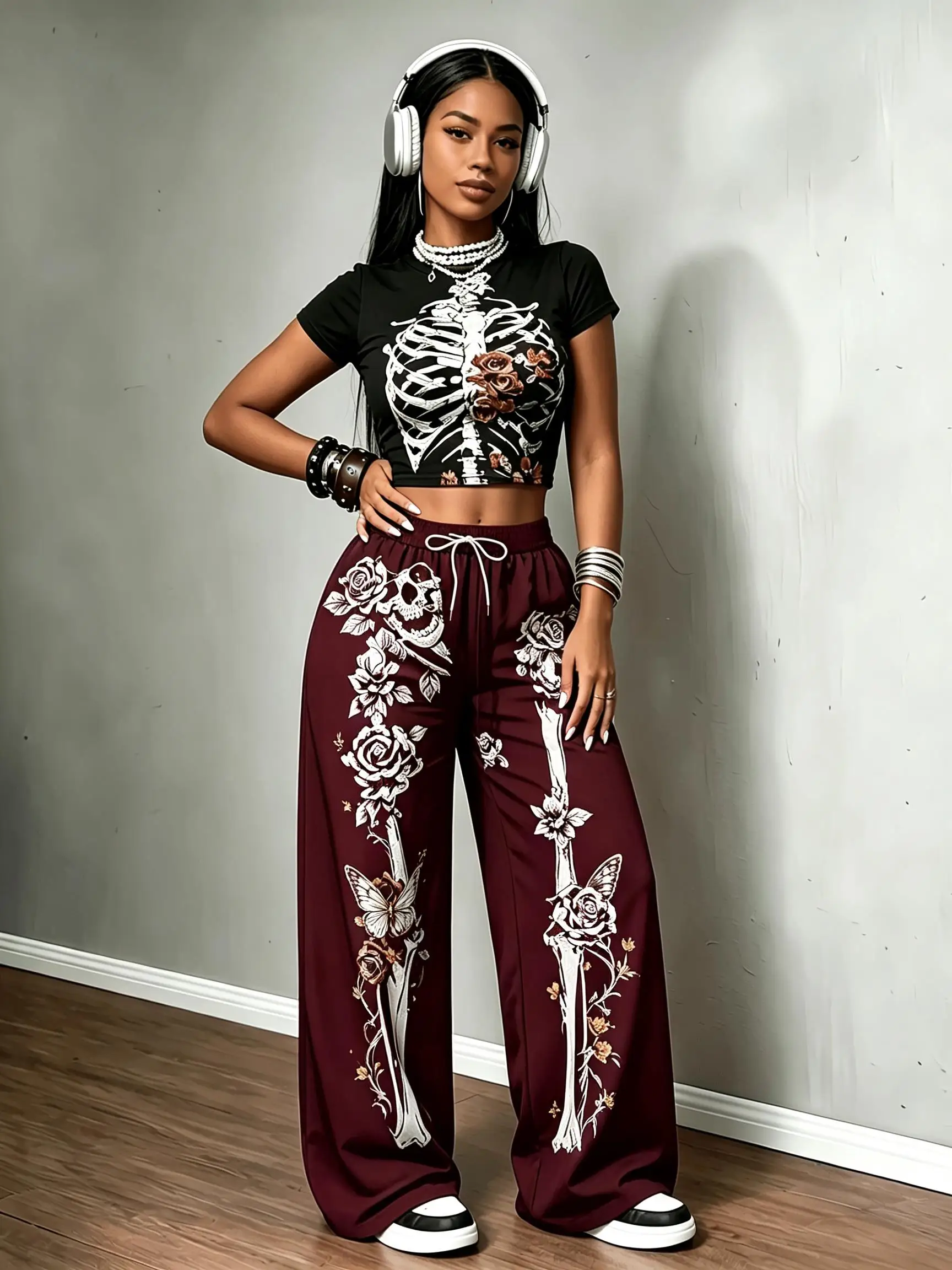 Women Halloween Skeleton Rose Print Wide Leg Pants Gothic Moon Star Floral Skull Drawstring Elastic Waist Casual Trousers