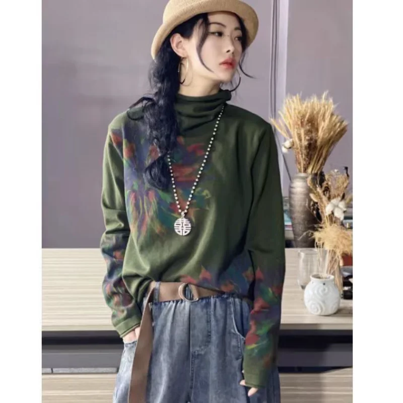 Large Size Retro Bottoming New Style Slim Long-sleeved Thin Ethnic Style Loose Age-reducing Top