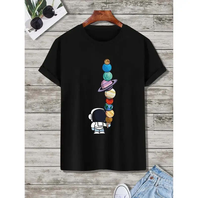 

Men Women Astronaut Planet Ice Cream T-Shirt Funny Space Graphic Pullover Universe Lover Short Sleeve Top Science Gift