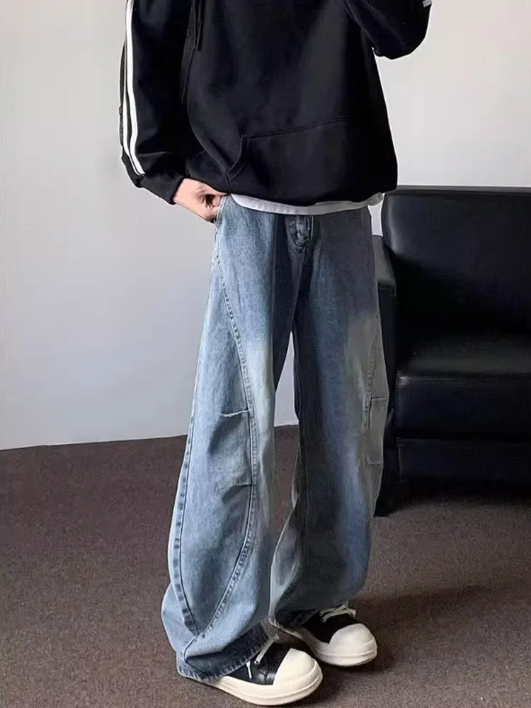 

American Retro Folded Knife Jeans Men's Autumn Winter High Street Trend Wide Leg Long Pants Loose Casual Straight Leg Pants