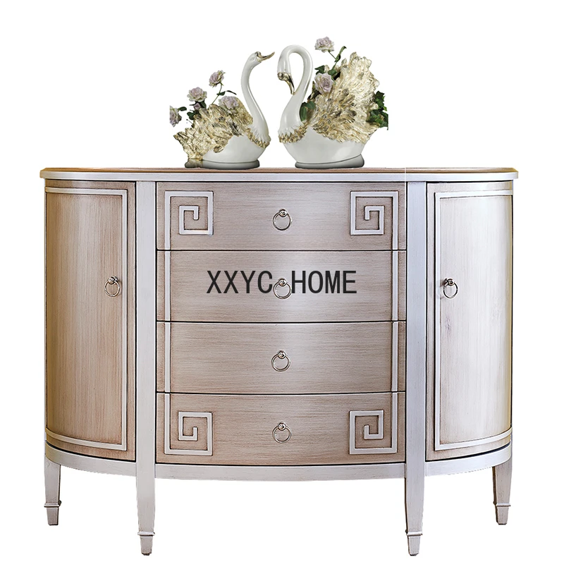 

New Classical Hallway American Light Luxury Solid Wood Sideboard Living Room Silver Decorative Storage Partition Storage Cabinet