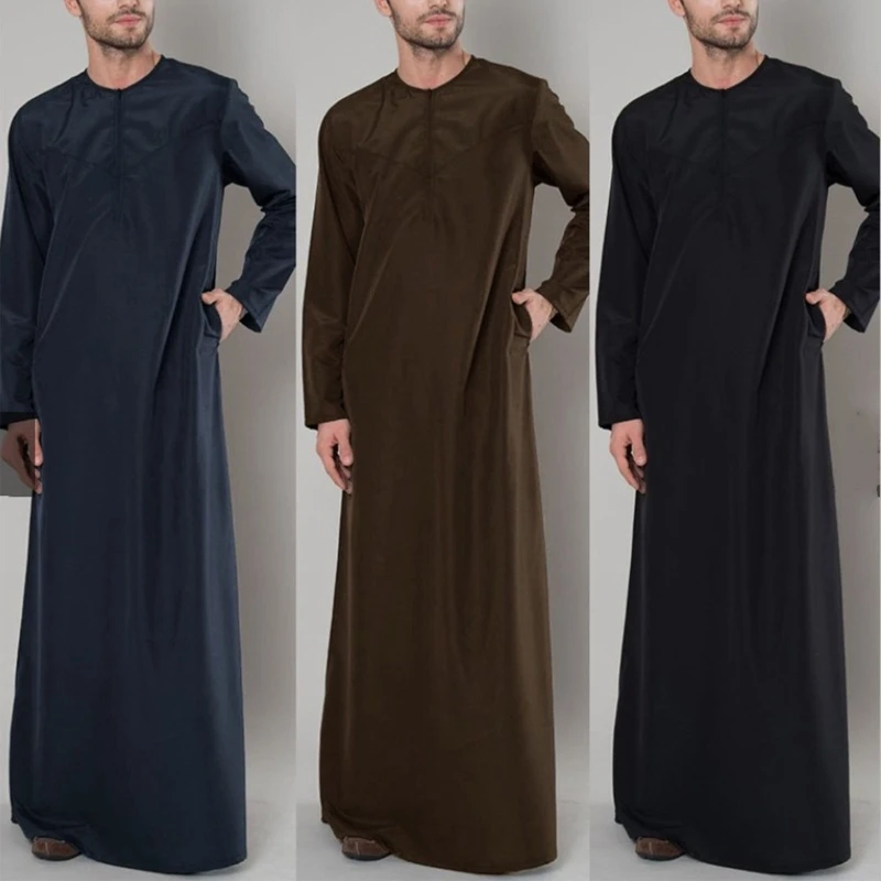 Muslim Robe Comfortable Muslim Male Shirt with Zipper Design Loose Crew Neck Muslim Clothing Eid Middle East Jubba Thobe