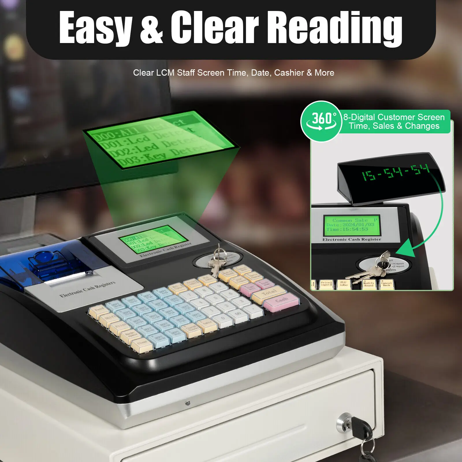 ระบบ POS 48 ปุ่ม พร้อมเครื่องพิมพ์ความร้อน - เครื่องบันทึกเงินสดอิเล็กทรอนิกส์สำหรับธุรกิจขนาดเล็ก ร้านค้าปลีก