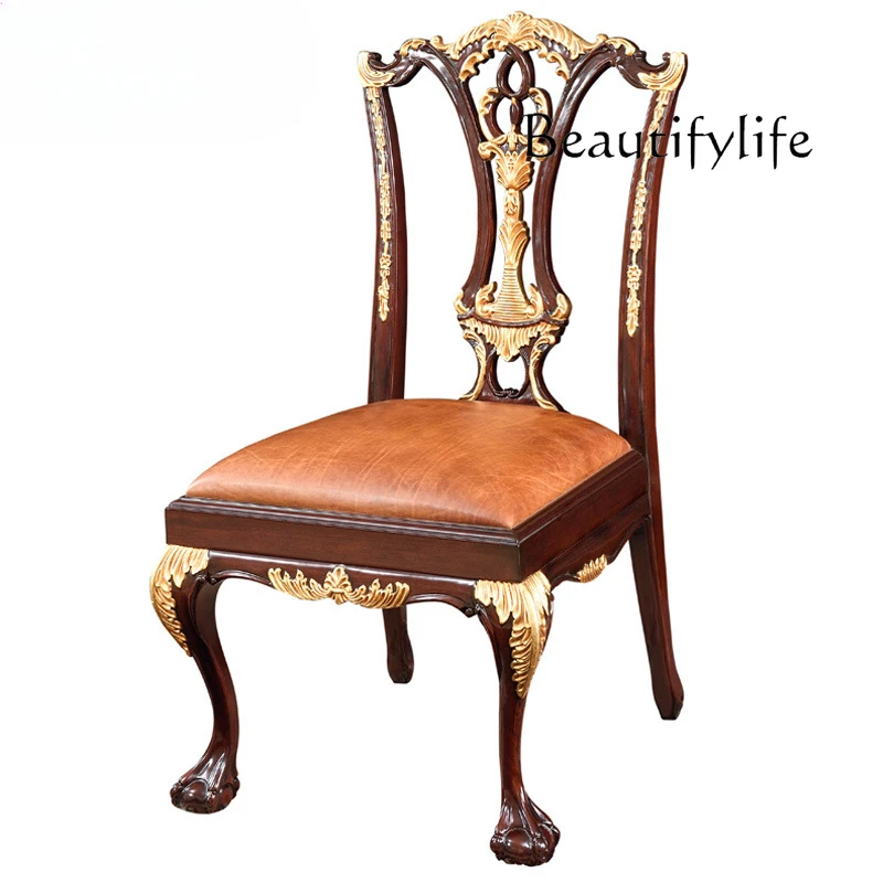 

European-style cowhide dining chair villa leather book chair mahogany solid wood gold foil classical dining chair
