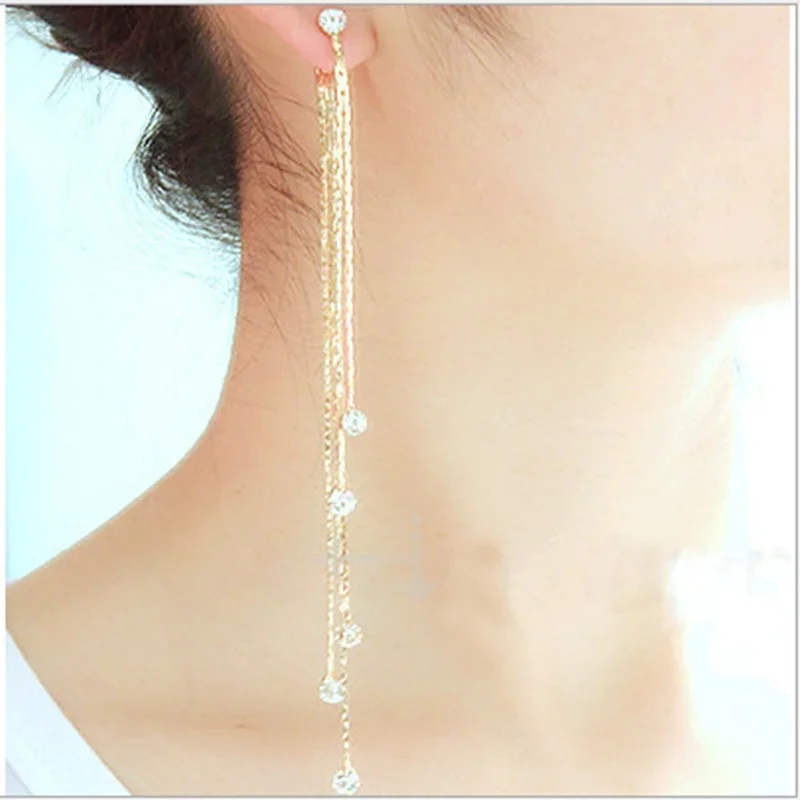 Kismis Long Chain Tassel Earrings Rhinestone Hanging Drop Dangle Ear Line for Women Chain 1Pair