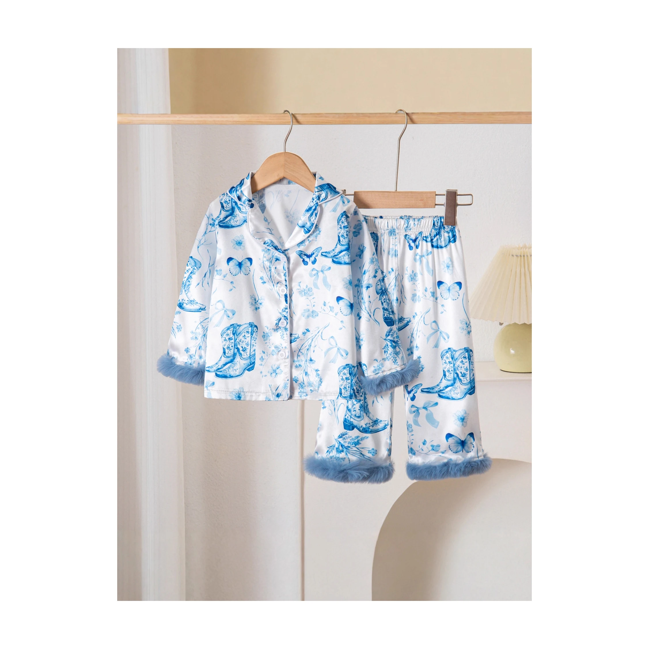 Ready To Ship Toddler Girls Feather Trim Sleepwear Loungewear Pajamas Baby Girls Satin Silk Western Cowgirls Pajamas Set