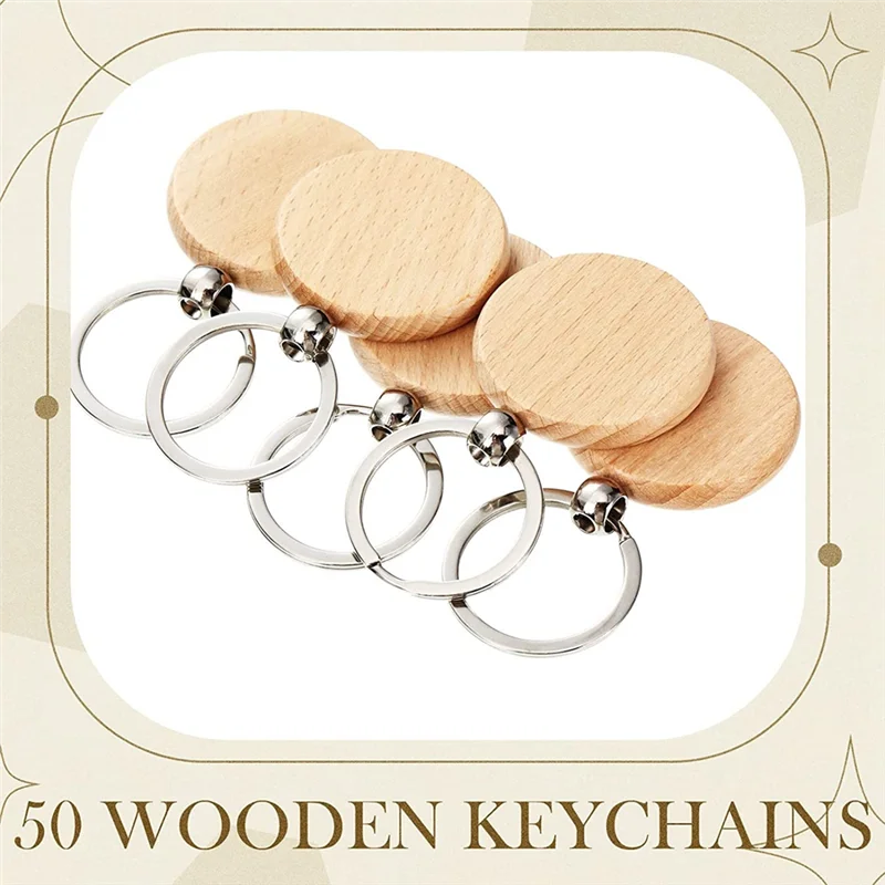 50 Pieces Blank Wooden Key Tag Key Engraving Blanks Unfinished Wood Keychain Key Ring Key Tags for DIY Crafts,Round