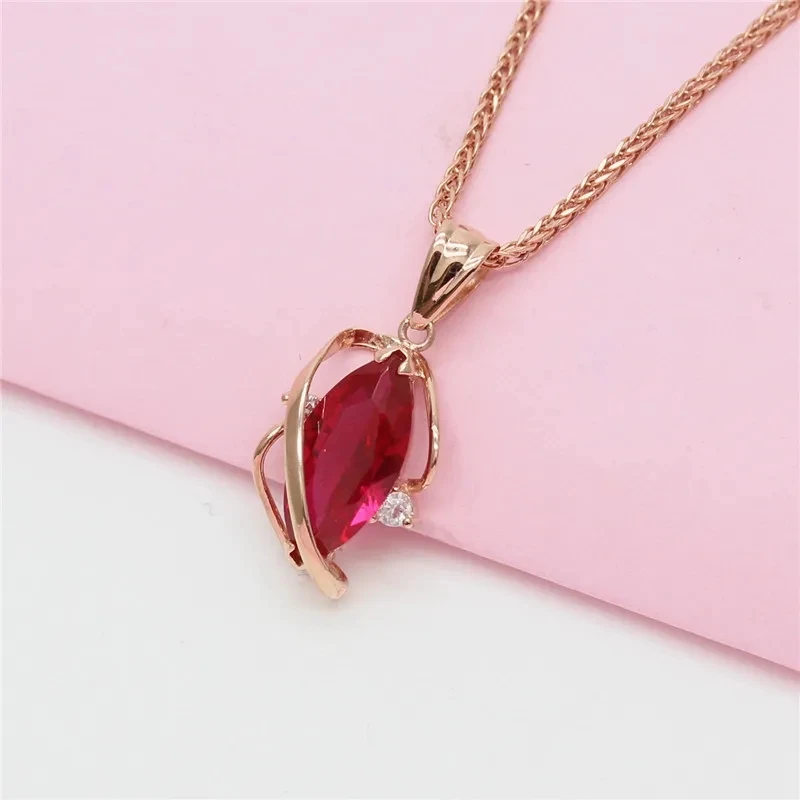 

585 Purple Gold Fashion wedding Geometry Elegant Red Gem Necklace Plated 14K Rose Gold Light Luxury Pendant New In Jewelry