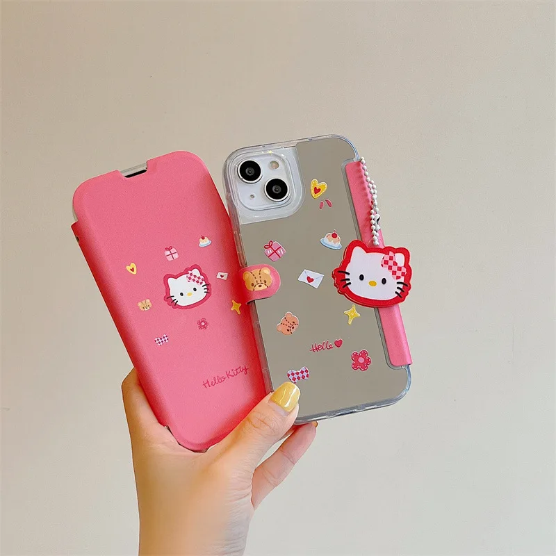 Sanrio Hello Kitty Pendant mirror pink flip Phone Case For iPhone 14 13 12 11 Pro Max Case Cute Luxury cartoon Shockproof Cover