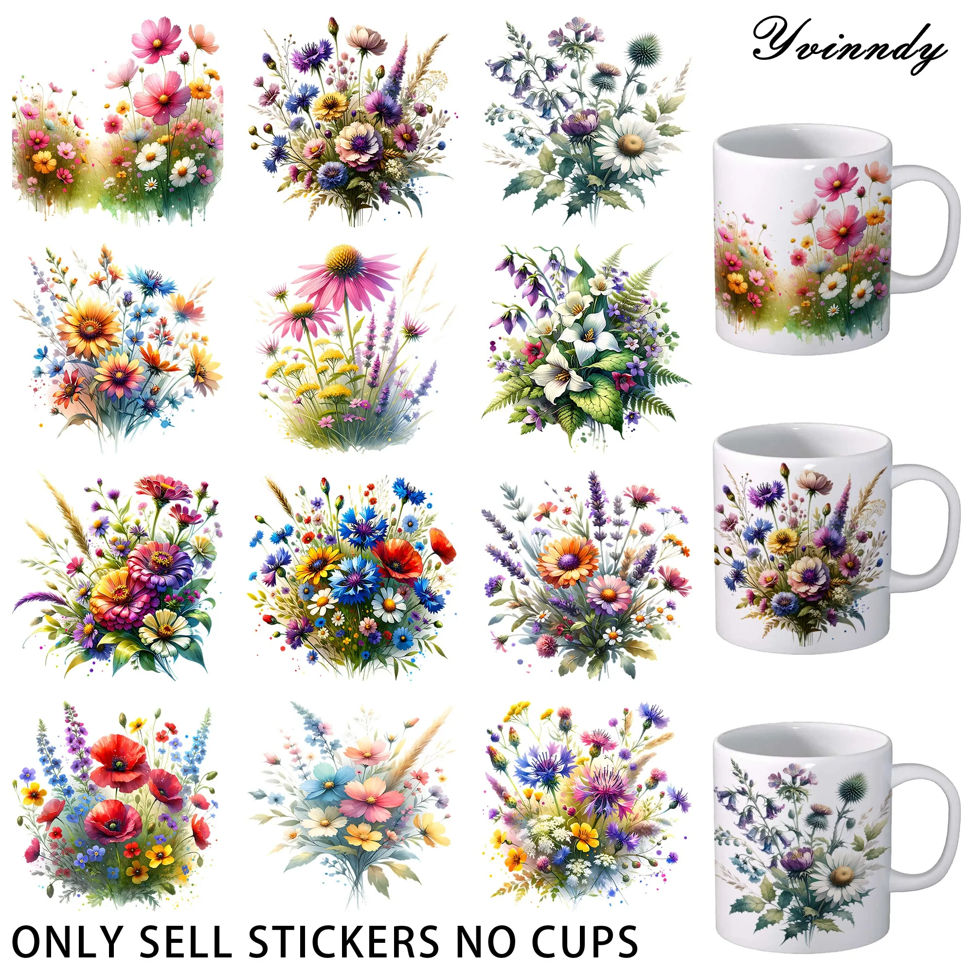 12 Stück Aquarell-Wildblumen-UV-DTF-Aufkleber – wasserfestes UV-DTF-Transferpapier für Kunst und Handwerk, DIY-Dekoration