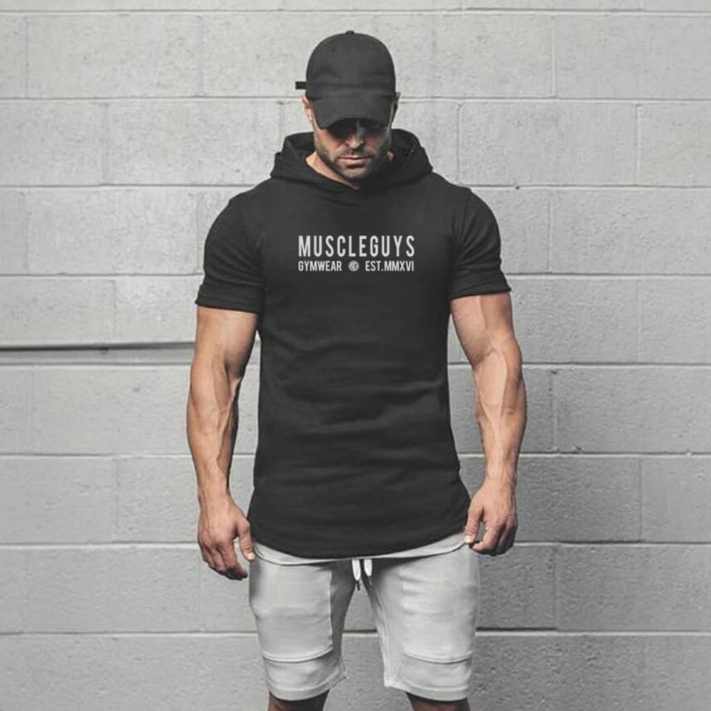 Herren Fitness Muskel-Kleidung Kurzarm Sport T-Shirts Sommer Atmungsaktive Baumwoll-Hoodie Gym Bodybuilding Slim Fit Kapuzenshirts