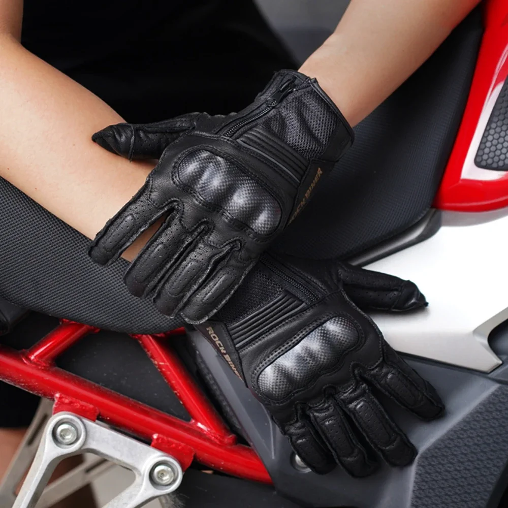 KEMIMOTO Vintage Leather Motorcycle Gloves Carbon Fiber Moto Riding Supplies Touch Screen Motorbike Retro Gloves Men For Touring