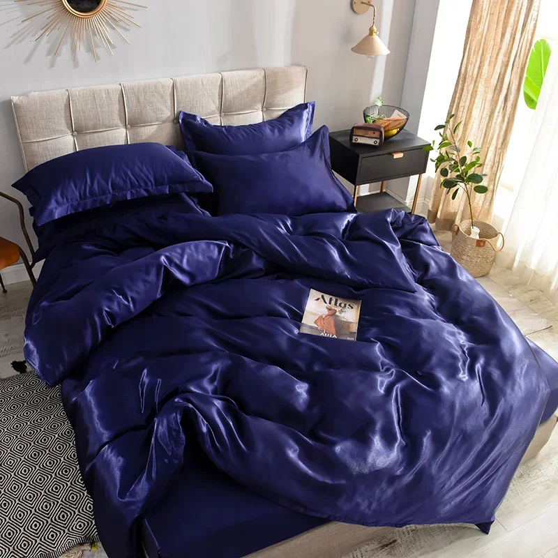 Smooth Solid Color Ice Silk Duvet Cover 3 Piece Set, Boys Girls Blue Bedding with Pillowcases, Adults Queen King Comforter Cover