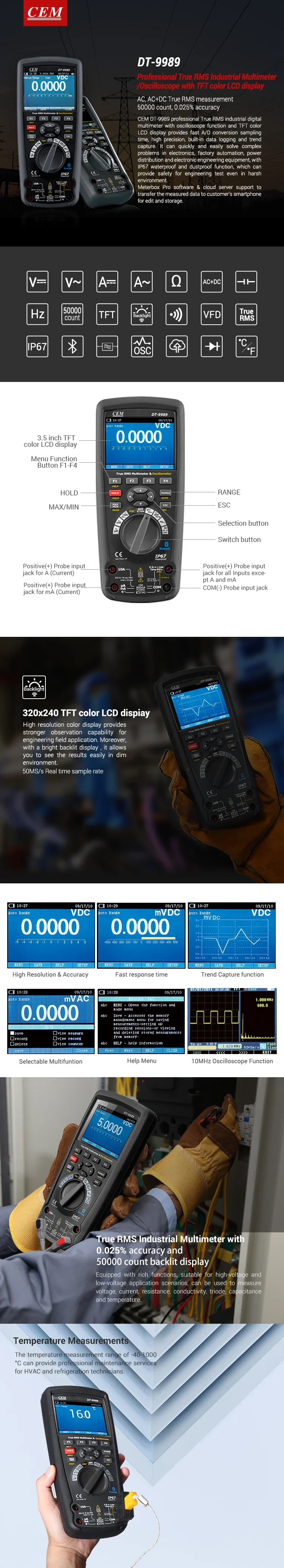 CEM DT-9989 50000 counts 2 in 1 High Accuracy  Professional Digital Multimeter with Oscilloscope and Calibration