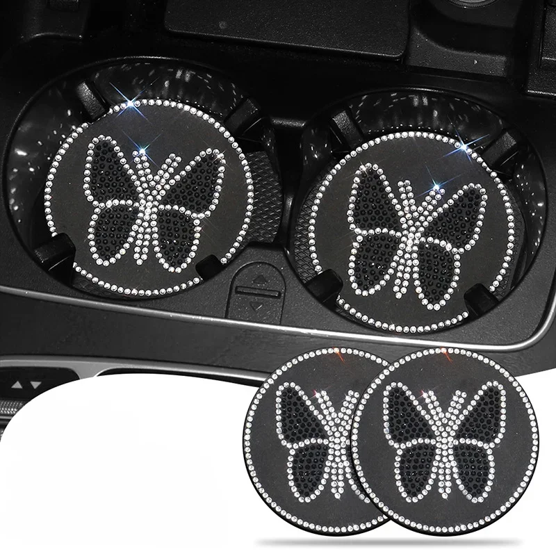 Car Water Cup Pad Holders Non-slip Butterfly Diamond Rhinestone Rubber Mat for Bottle Holder Coaster Auto Anti-skid Cup Holders