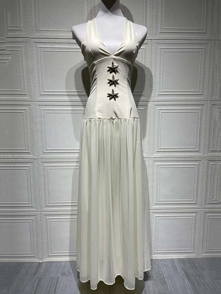 Oniflyme Sheer Patchwork Senza maniche A-line Maxi abito da donna Profondo scollo a V Halter Backless Fasciatura Abiti aderenti Abito sexy di moda