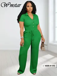 Wmstar Two Piece Set Women's Clothing Pants Sets Solid Button V Neck Top Wide Leg Pants Matching Summer Wholesale Dropshipping