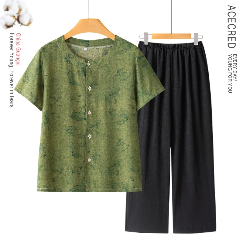 

XL-4XL Pijama Feminino Vintage Printed Sleepwear For Women Cotton Short Sleeve Trousers Set Middle Aged Mother 2 PCS Pajamas