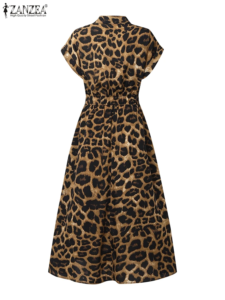 2025 فساتين أنيقة ليوبارد ZANZEA المرأة ماكسي فستان طويل مكتب فستان الشمس الصيف التلبيب الرقبة قصيرة الأكمام العمل Vestidos رداء #5