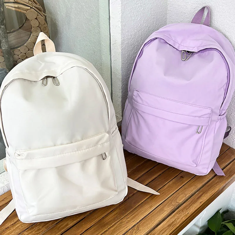 Simple Solid Color Women\'s Backpack Waterproof Nylon School Bags for Teenager Girls Bookbag Lady Travel Backbag Shoulder Bag