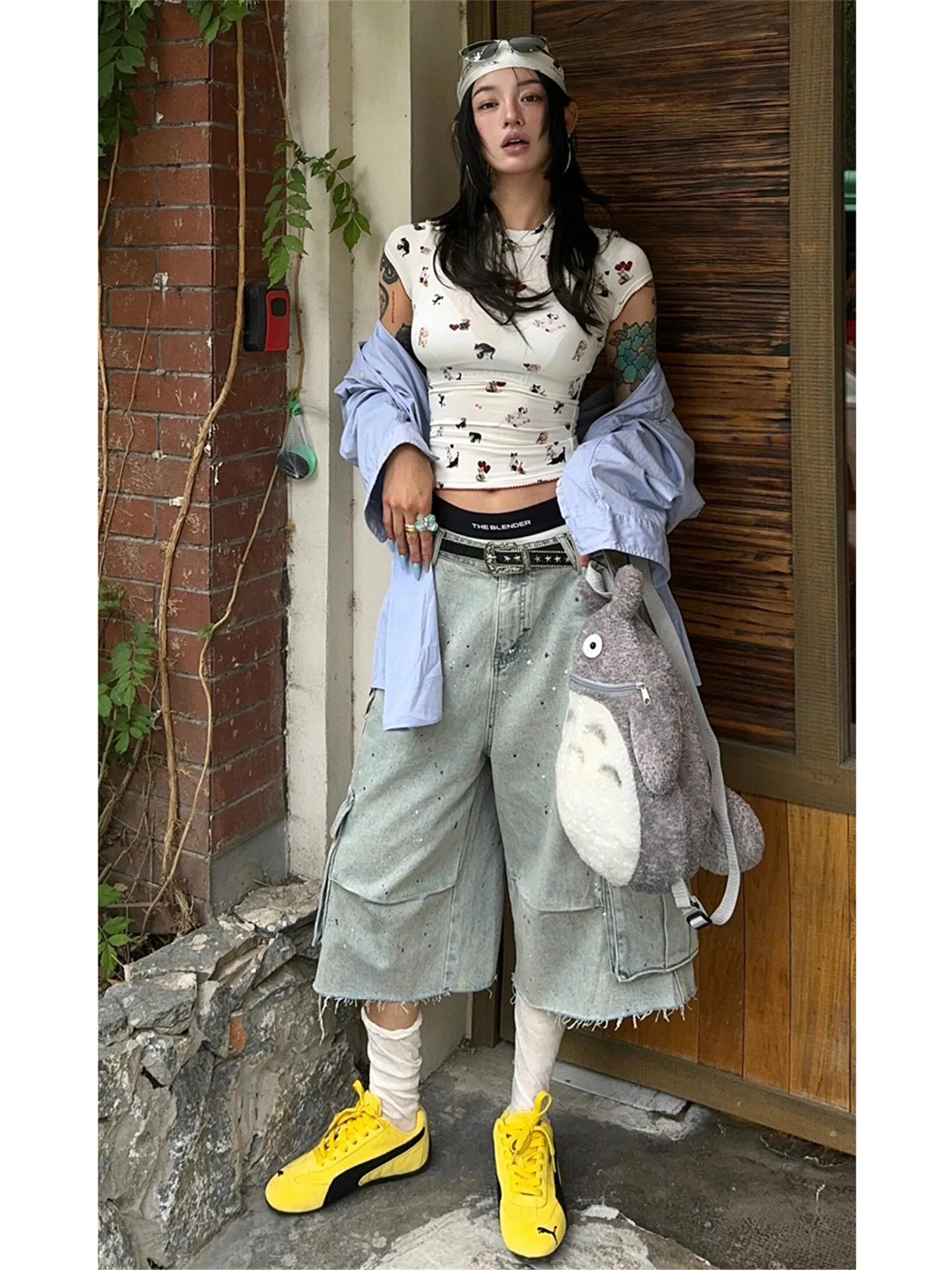 American Style Vintage Splashed Ink Light Blue Seven Workwear Denim Shorts Women Summer Loose Slim Multi Pocket Hem Jeans