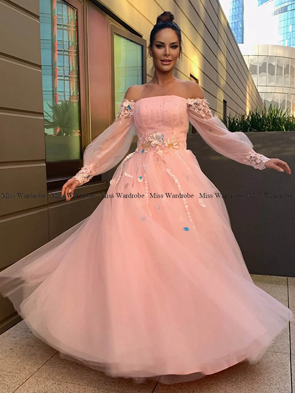 Eleganti abiti da sera in Tulle con spalle scoperte fiori fatti a mano maniche lunghe lunghezza del pavimento abiti da ballo da festa formali Plus Zise