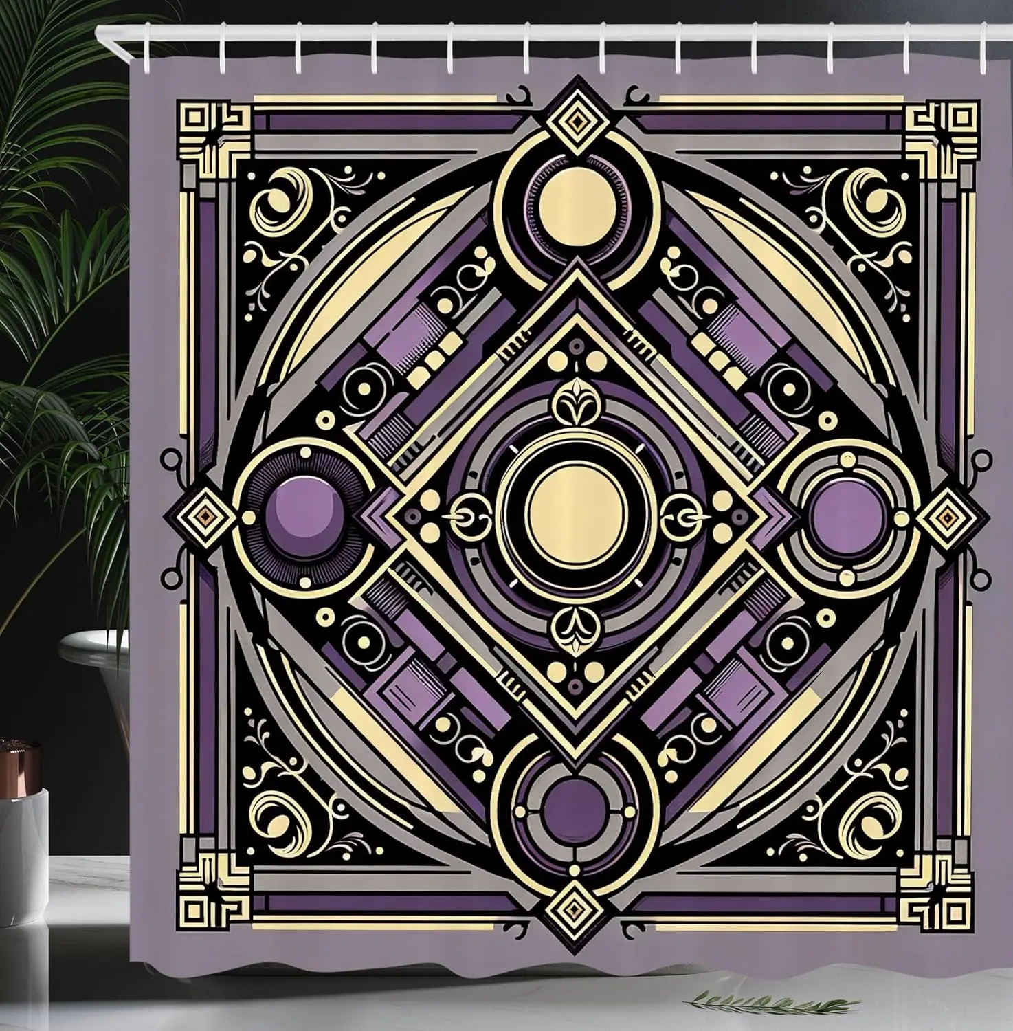 Ethnic Shower Curtain, Diagonal Square with Circles Dramatic and Symmetric Shapes Ornament, Cloth Fabric Bathroom Decor Set