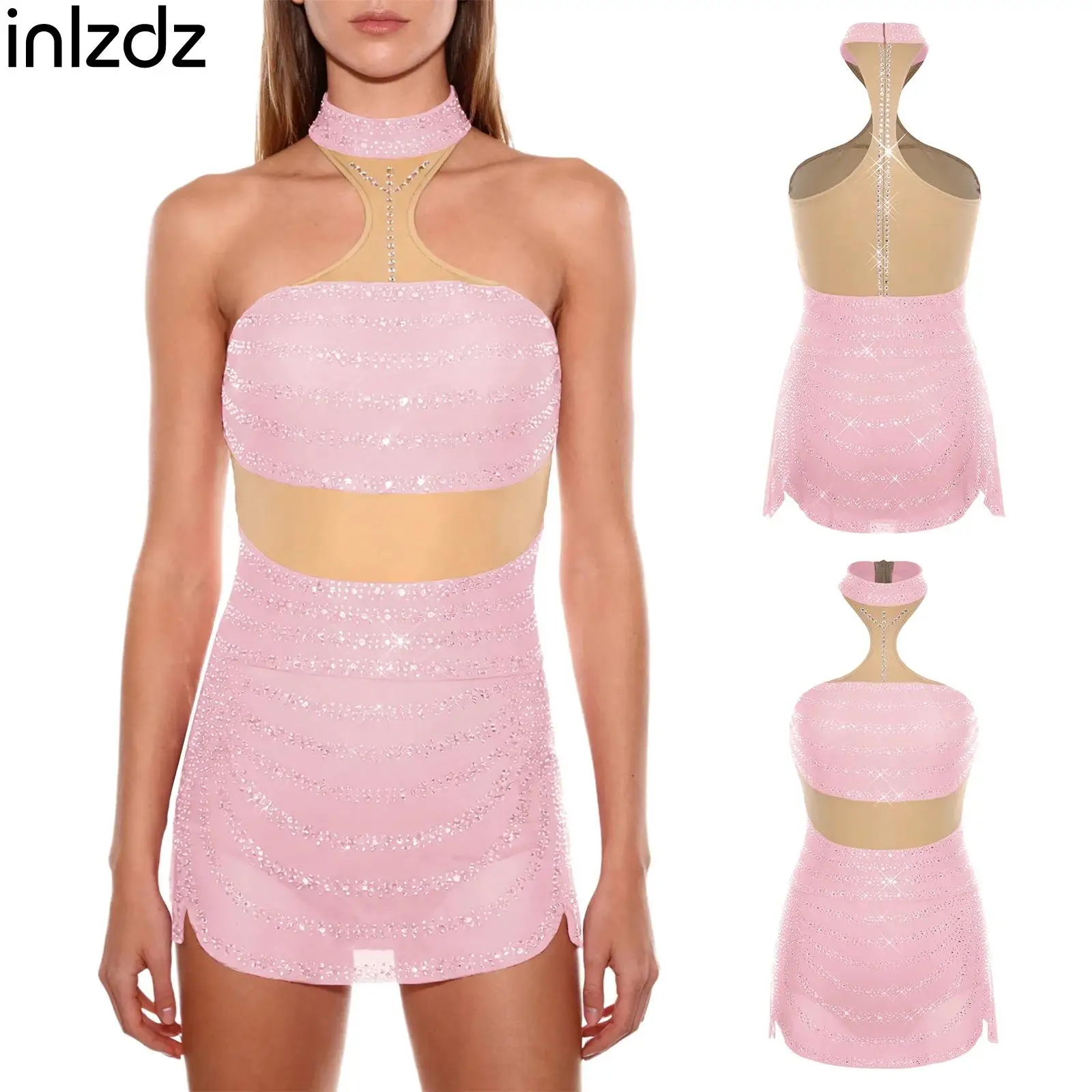 

Womens Latin Cha-cha Rumba Samba Dance Costumes Shiny Rhinestone Halter Sleeveless Leotard Dress for Figure Skating Performance