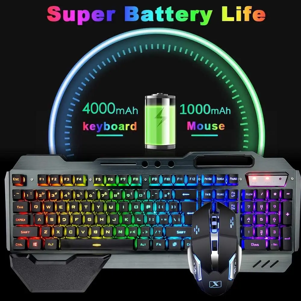 K680 Wireless Gaming Keyboard and Mouse Combo,Rainbow LED Backlit Keyboard with Rechargeable 3800mAh Battery Metal Panel