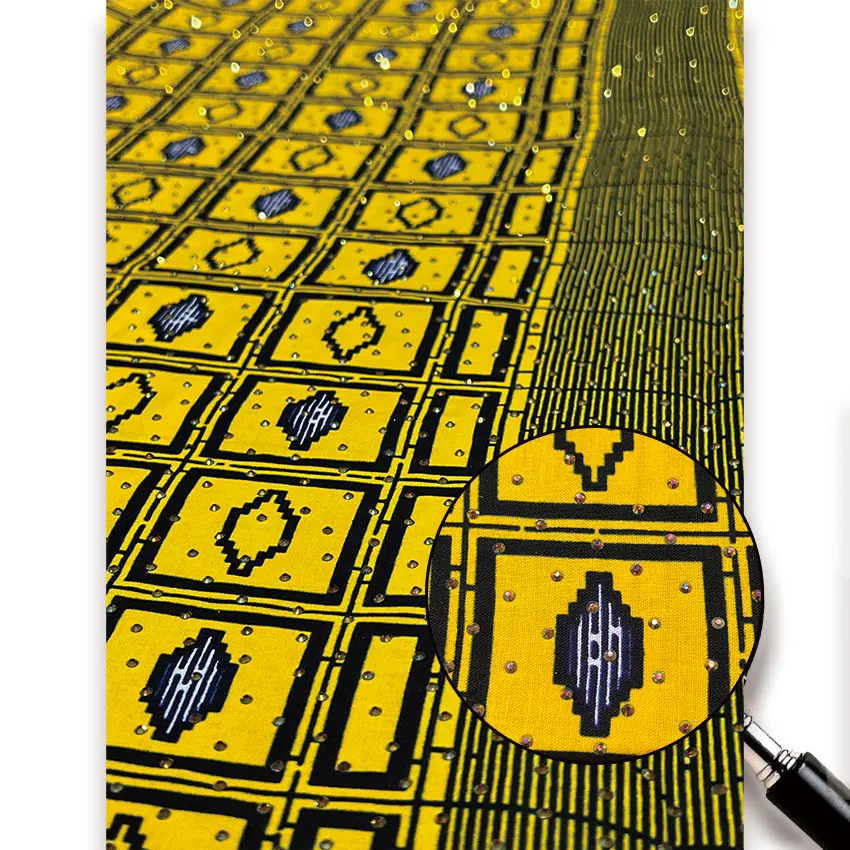 Tissu africain imprimé en wax de 6 yards avec de nombreuses pierres, 100% coton, LSWX-02TZ