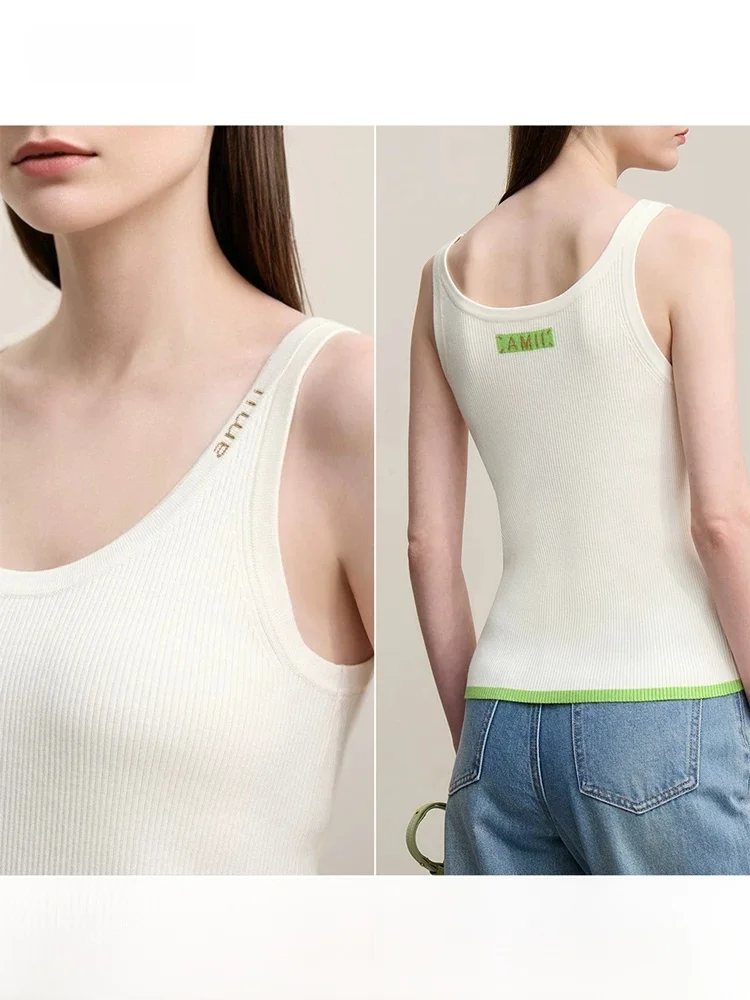

Spring 2026 Women's Deep U-Neck Letter Embroidery Silk Luminous Vest Strap Top Inner Wear Casual Fashion Slim Fit