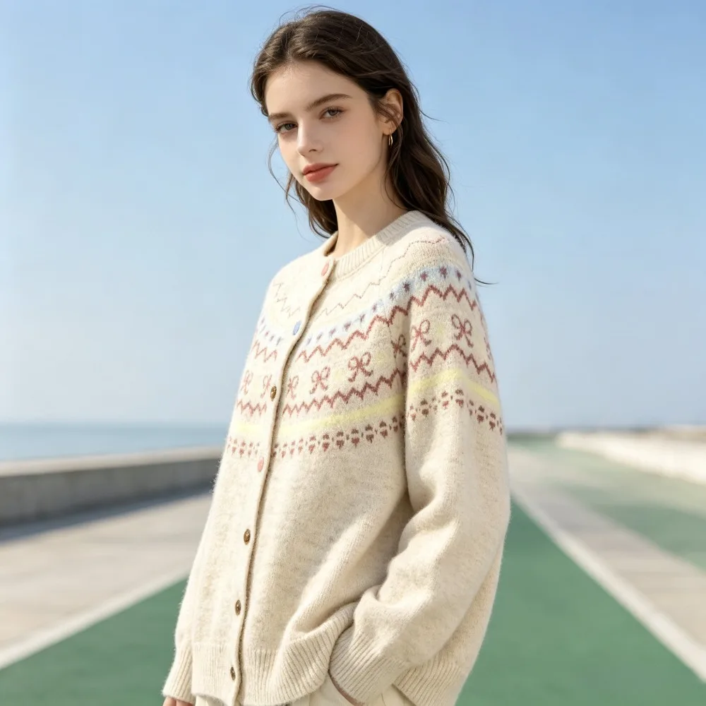 Women Contrast Jacquard Knitted Cardigan Loose Lazy Style Sweater Jacket Daily Outerwear  School Outfit  Matching Clothes