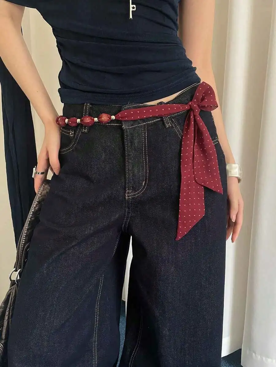 1pc Women's Red Polyester Simple Drawstring Beaded Design Fashion Cinched Waist Belt