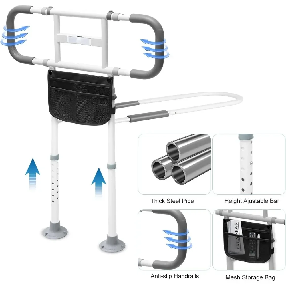 Rieles de cama para personas mayores, rieles de asistencia para cama para personas mayores con bolsillo de almacenamiento, mango antideslizante y luz con sensor nocturno recargable