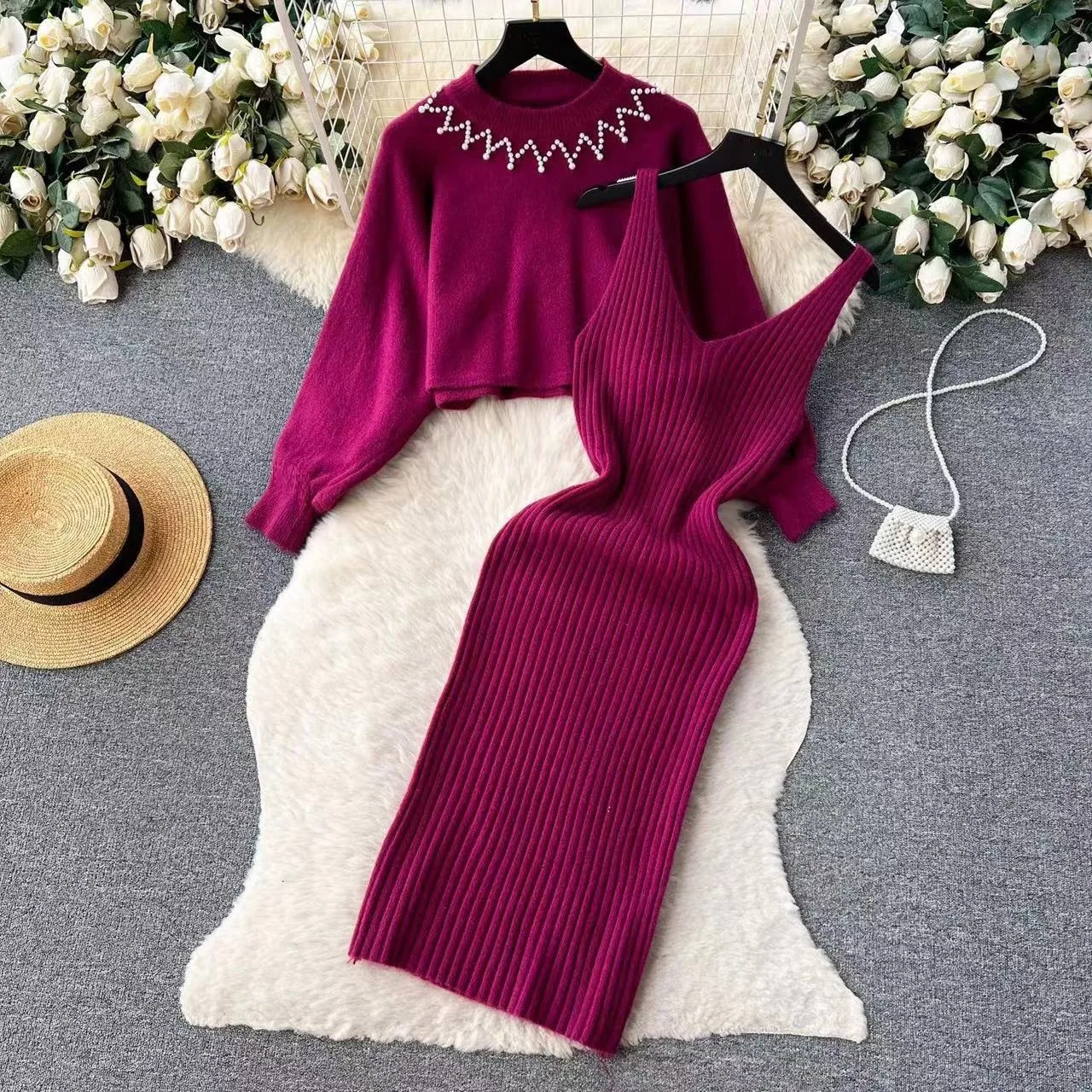 Winter Women Knitted Sets Fashion Breading Long Sleeve Pearl Sweater+Knitted Camis Dress Sets Fashion Sweater Suits