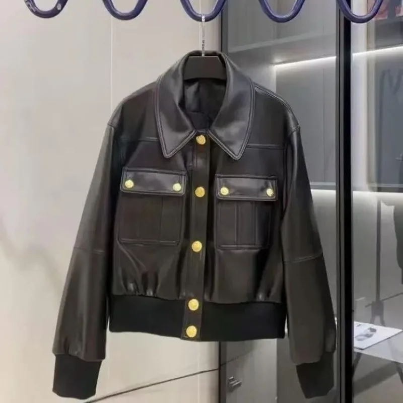 Luxury Women's Black Leather Jacket PU Leather Coat Spring Autumn Metal Button Pocket Outerwear Streetwear Short Top Long Sleeve