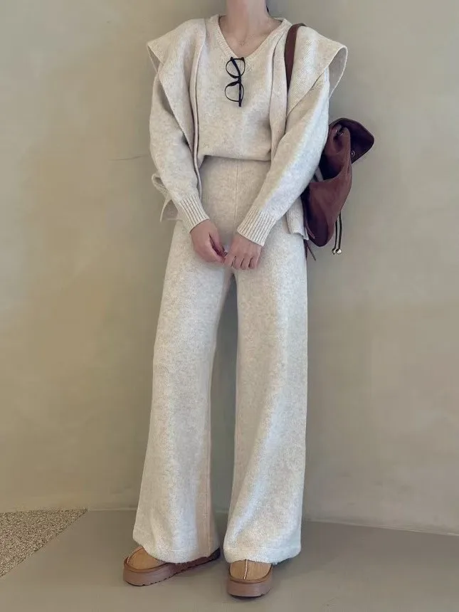 سترة محبوكة فضفاضة بياقة على شكل V على الطراز الكوري، سترة نسائية أنيقة، شال، بنطلون واسع الساق، طقم خريفي من ثلاث قطع عصري