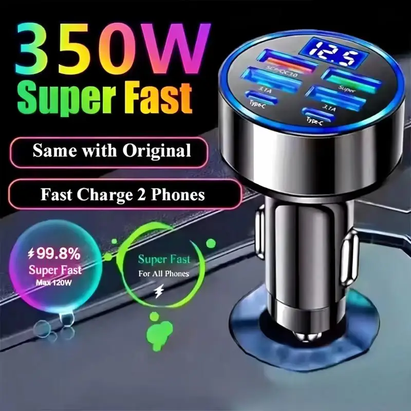 1 Pcs 6 Port 350W Quick Charging USB Car Fast Charger PD QC3.0 USB C Car Phone Charger Type C Adapter For iPhone Samsung Huawei