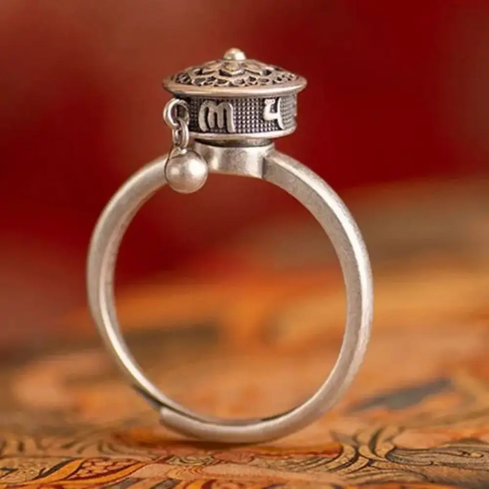 Retro Traditional Rotatable Spinner Ring Flower Open Fortune Wealth Ring Adjustable Ethnic Style Vintage Ring Women