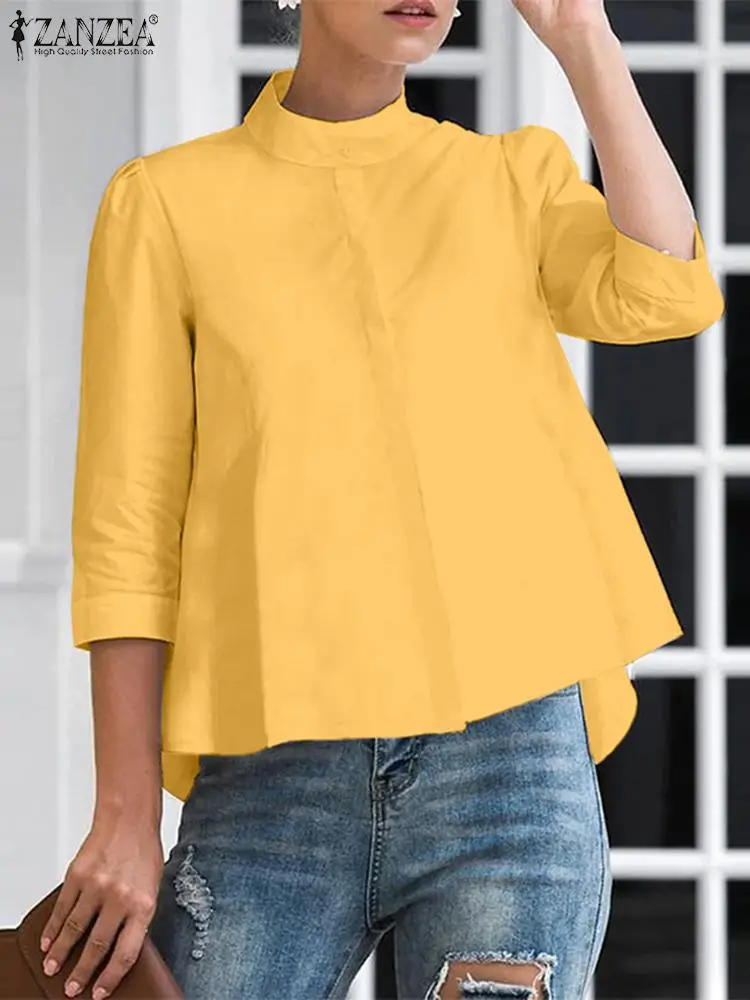 ZANZEA 2023 Summer Office Lady Blouse Stand Collar Casual Tops Women Solid Color Blusas 3/4 Sleeve Street Buttons Fashion Shirts