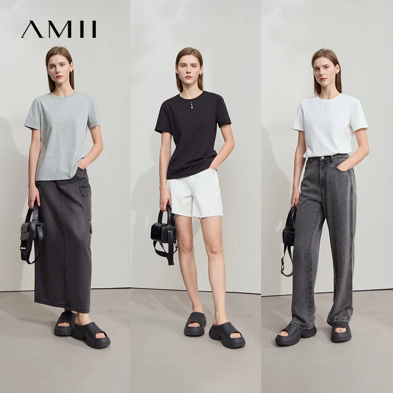 AMII Casual Print Shirt Women Summer New 2026 Short Sleeve Round Neck Baroque Pearl Straight T-shirts Woman Fashion 12522059