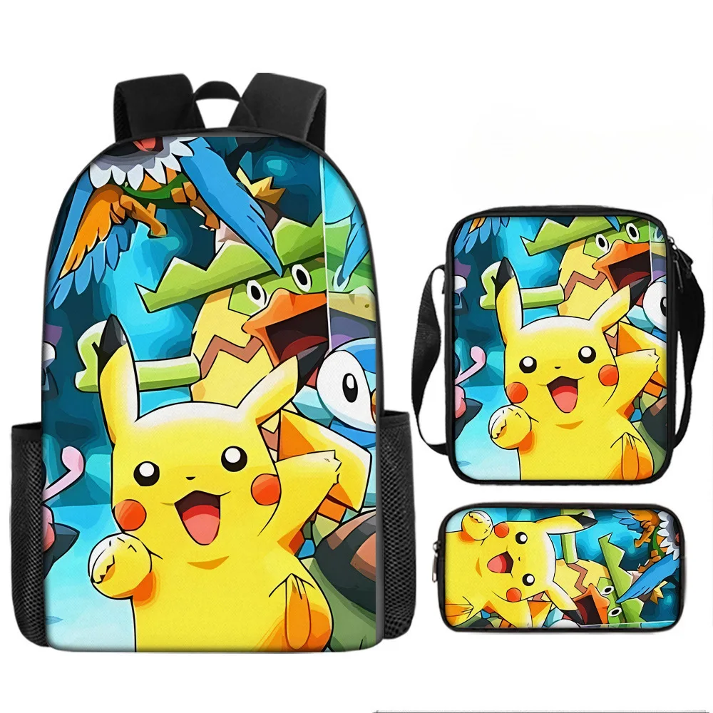 3-点セットポケモン漫画スクールバッグ男の子女の子用スクールバックパック軽量耐久性のあるバックパッククロスボディバッグ鉛筆ケース
