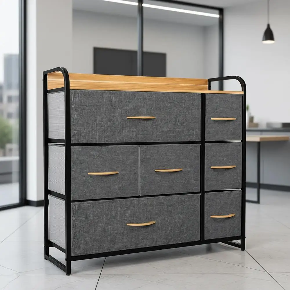 

7-Drawer Storage Unit with Black Dresser and Chest for Bedroom, Living Room, Hallway, Closets, and Nursery - Sturdy Steel Frame,
