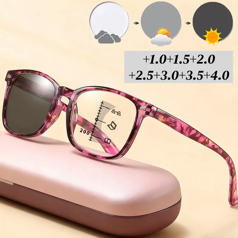 

Women's Photochromic Multifocal Reading Glasses Ultralight HD Lens Presbyopia Glasses Anti Blue Light Far Sight Eyeglasses