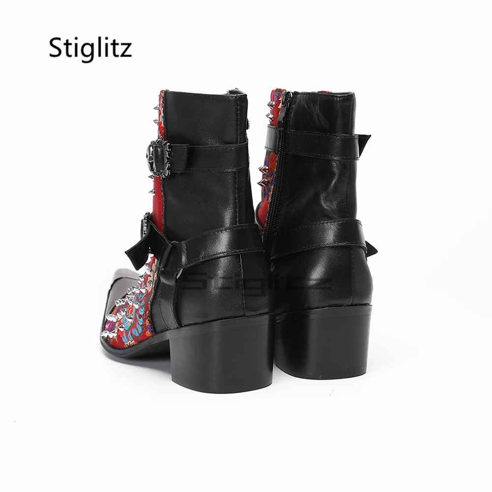 الزهور التطريز المسامير تشيلسي أحذية الرجال عالية الكعب جلد طبيعي المرقعة مشبك مزدوج حذاء من الجلد المعادن تو الذكور الأحذية