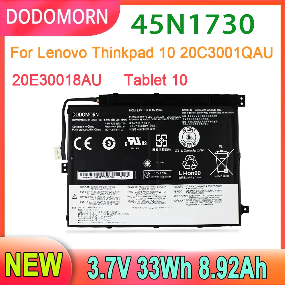 DODOMORN-Bateria do portátil para Lenovo Thinkpad 10, 20C3001QAU, 20E30018AU, 45N1726, 45N1728, 45N1730, 45N1732, 33Wh, Peças de reposição